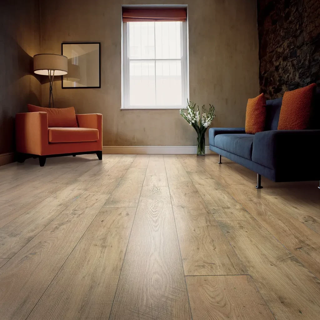 Mohawk Laminate in a warm light brown wood tone in a living room | Gil's Carpet